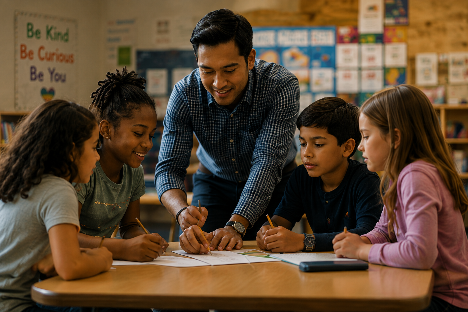 Teacher helping a small group of children learn together