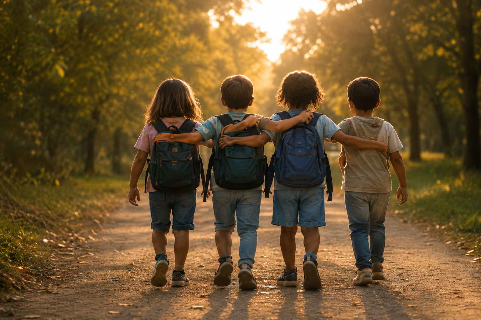 Children walking together toward a bright future