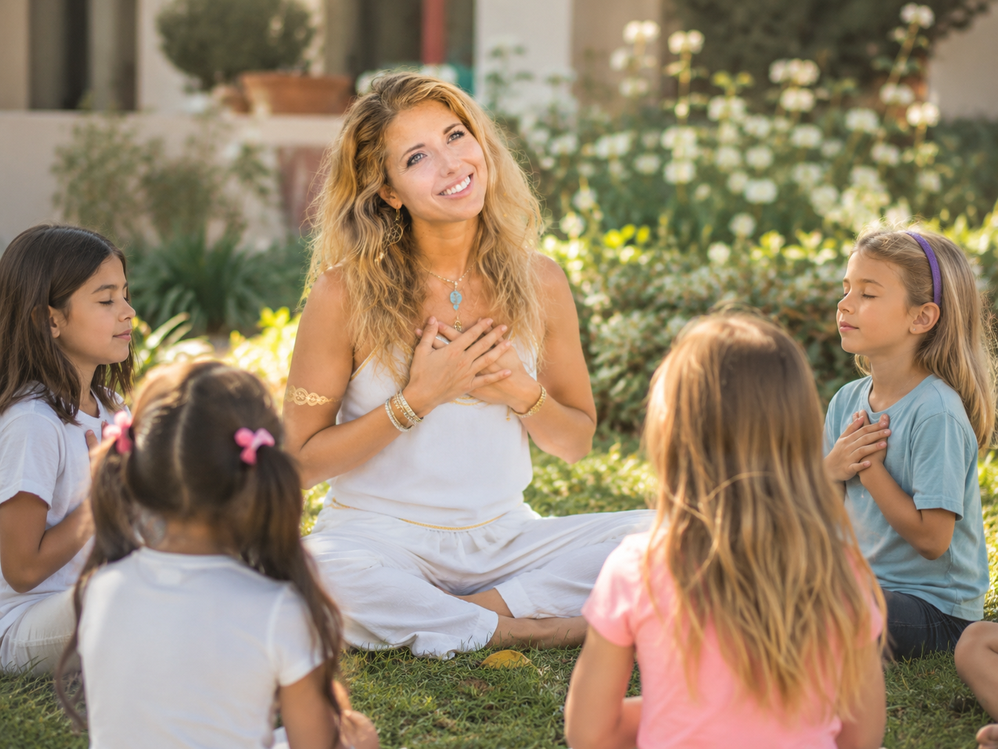 Dashama leading children through mindfulness outdoors