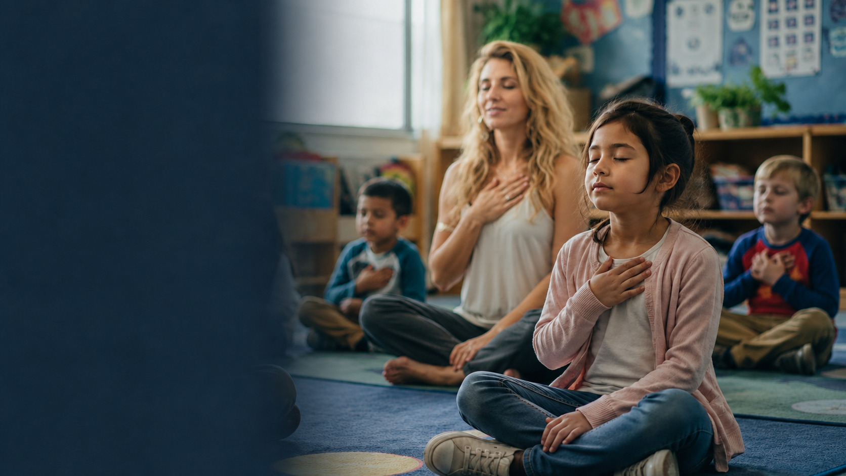 Dashama leading children through a calming mindfulness exercise in a classroom