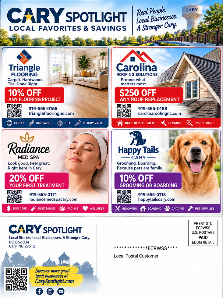 Back of Cary Spotlight Local Favorites and Savings mailer