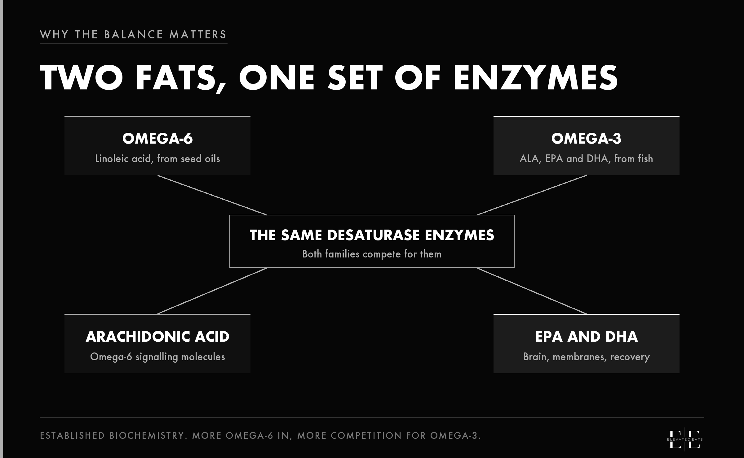 Diagram: omega-6 linoleic acid from seed oils and omega-3 fats from fish feed into the same desaturase enzymes, which produce arachidonic acid on one side and EPA and DHA on the other.