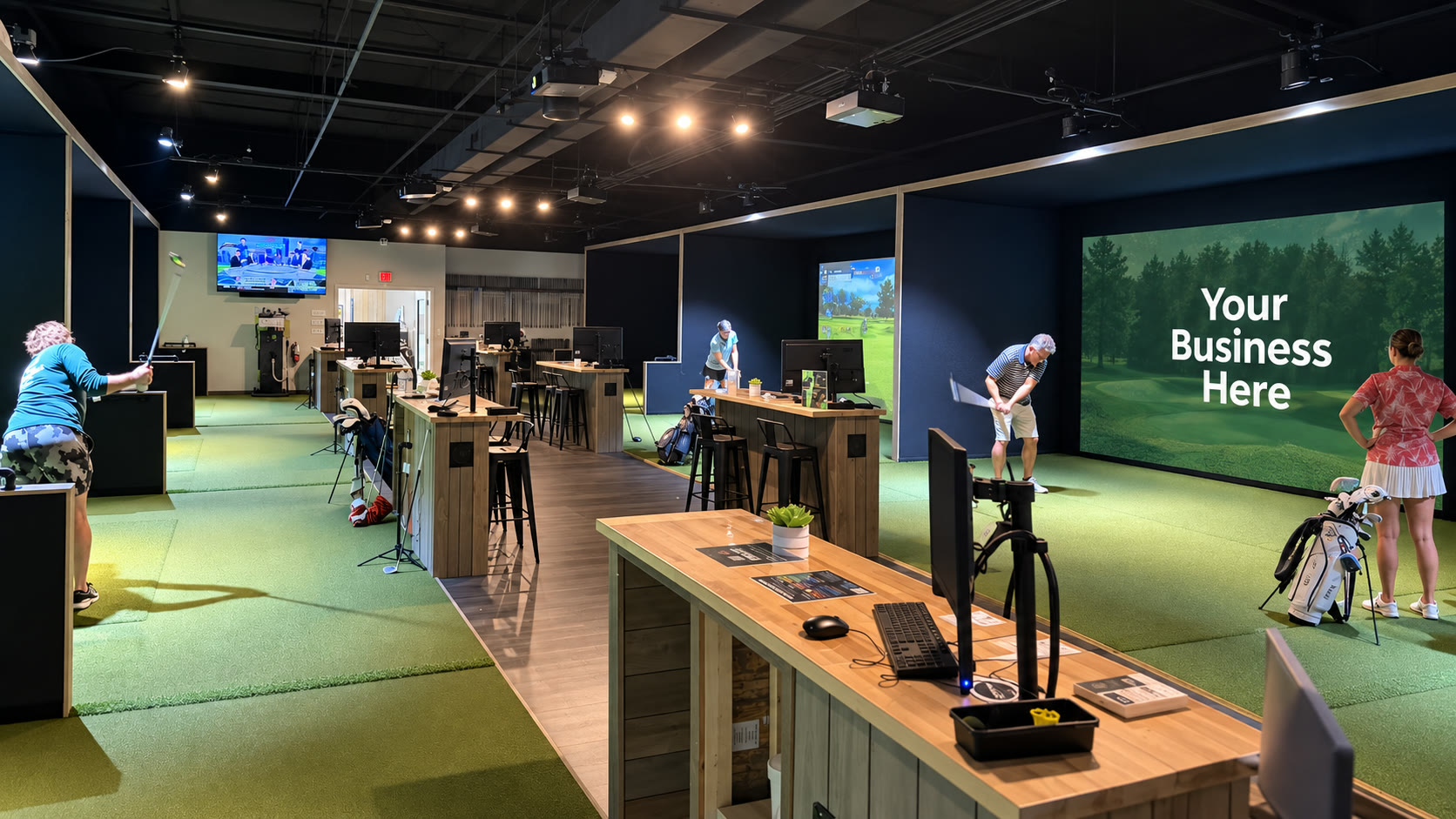 Open AMGC golf room with multiple bays and Your Business Here displayed on a sponsorship screen
