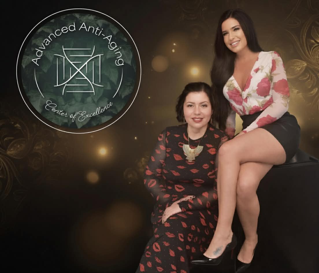 Irina Kochersperger, NP and Amber Frizzell with the Advanced Anti-Aging Center of Excellence logo