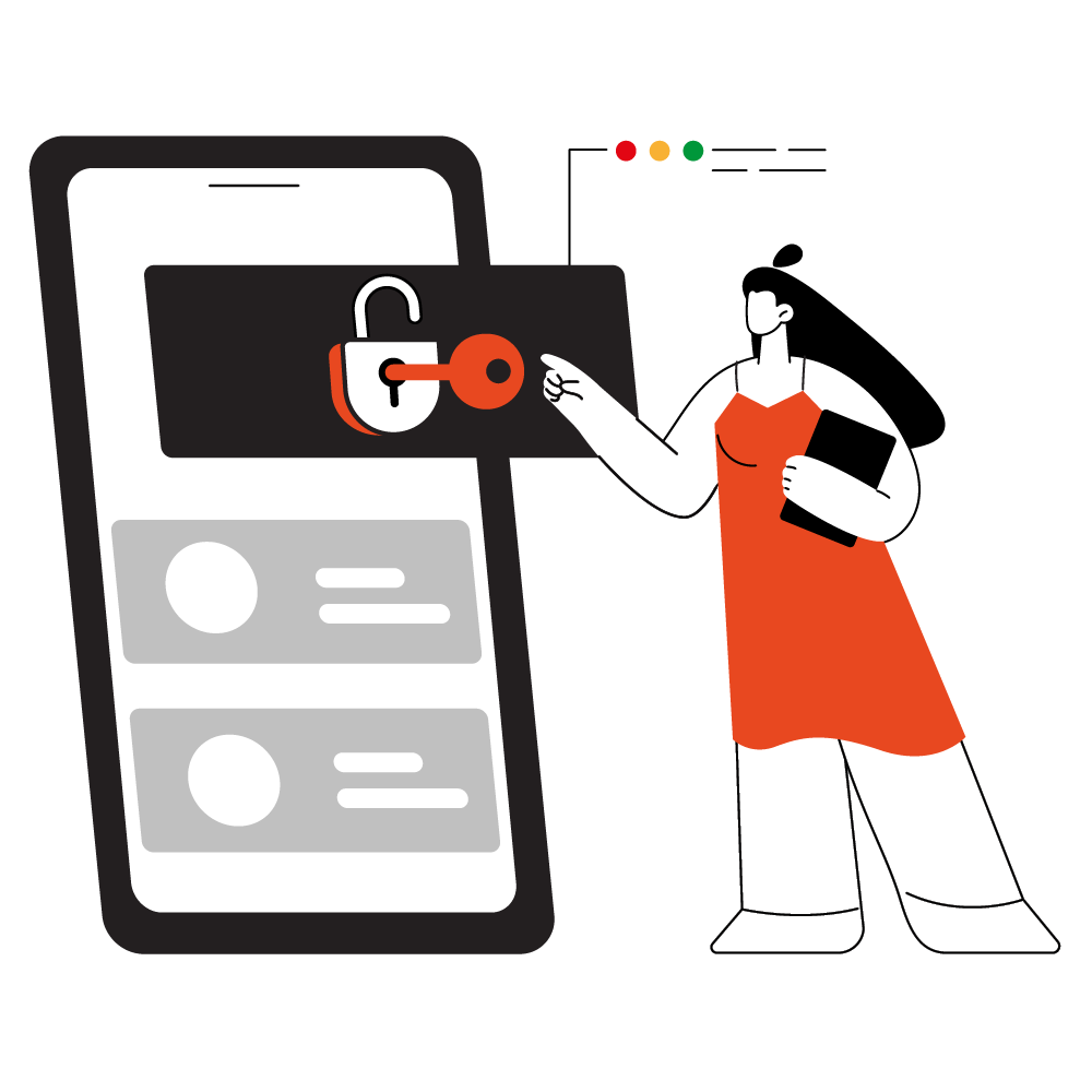 Ilustración de una persona con una llave abriendo un iPad para representar nuestra solución llave en mano.