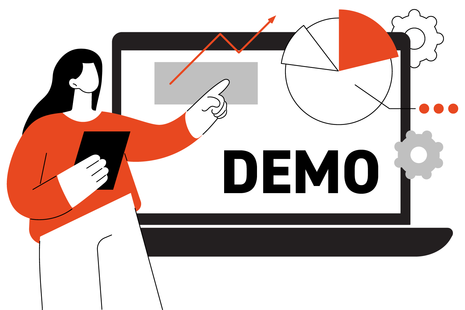 Ilustración de una persona señalando una computadora que en su pantalla dice Demo.