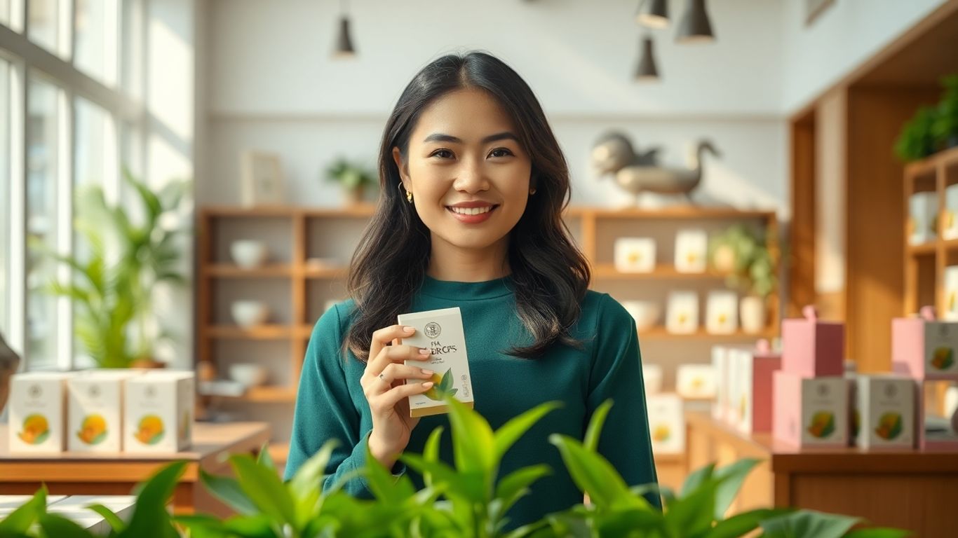 Founder with Tea Drops product in a tea shop. Founder with Tea Drops product in a tea shop.