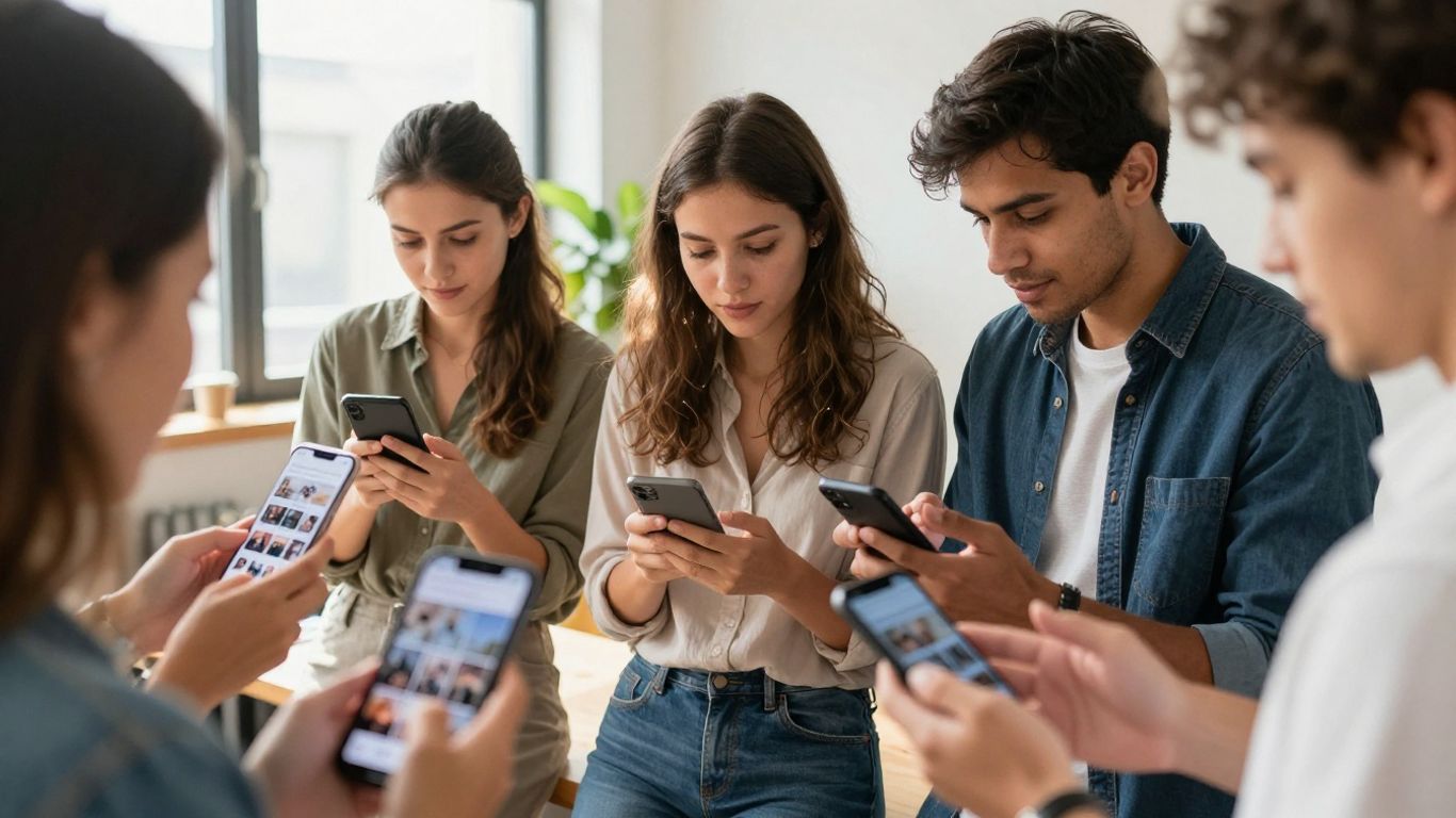 Influencers sharing content on mobile devices in a modern setting.