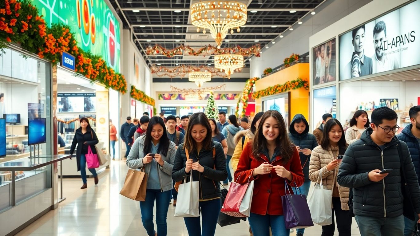 Shoppers in decorated mall during big sale event Shoppers in decorated mall during big sale event