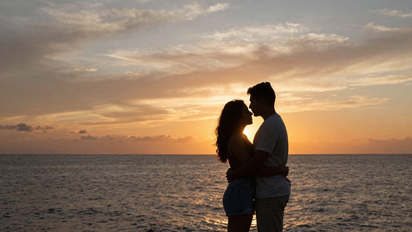 Couple embracing against a sunset, ocean view.