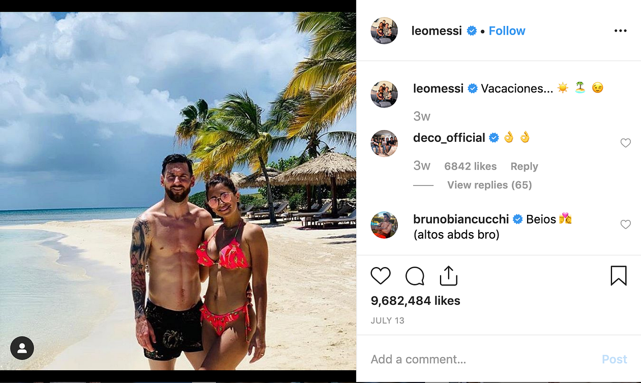 The vacation post of Lionel Messi received over 9 million likes.