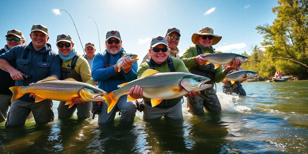 Anglers enjoying diverse fishing experiences with large catches. Anglers enjoying diverse fishing experiences with large catches.