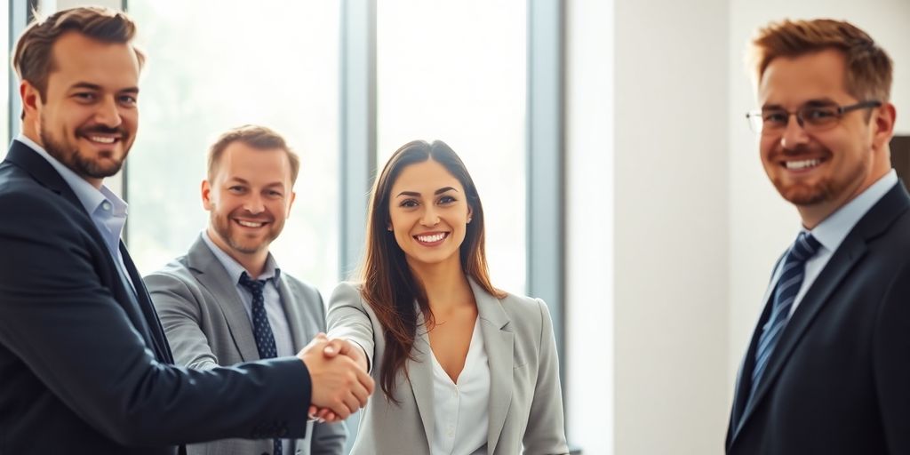 Businesswoman smiling, shaking hands with partners.