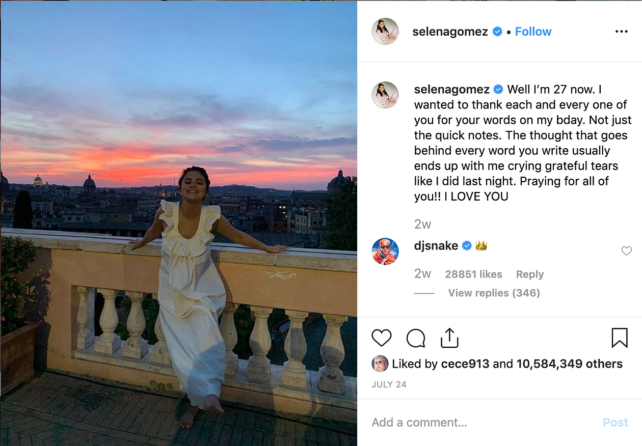 The birthday post of Selena Gomez got over 10 million likes.