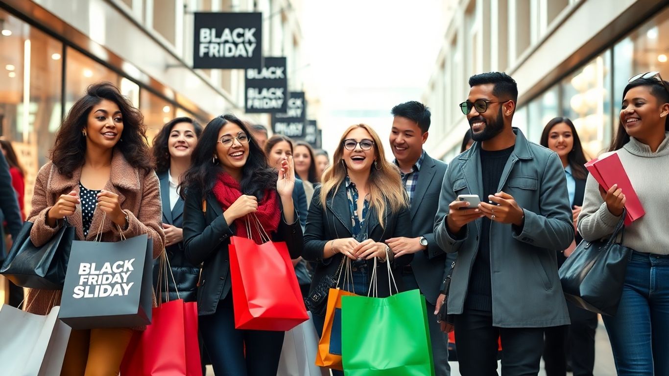 Influencers shopping on Black Friday with bags. Influencers shopping on Black Friday with bags.