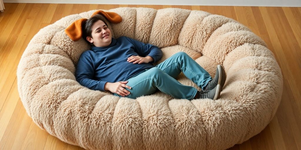 Giant dog bed with a person relaxing inside. Giant dog bed with a person relaxing inside.