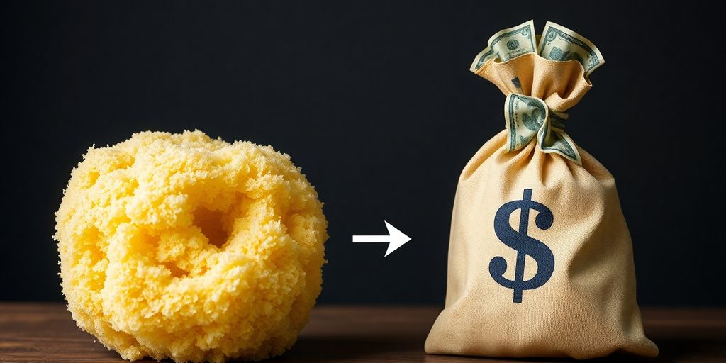 A sponge transforming into a money bag. A sponge transforming into a money bag.