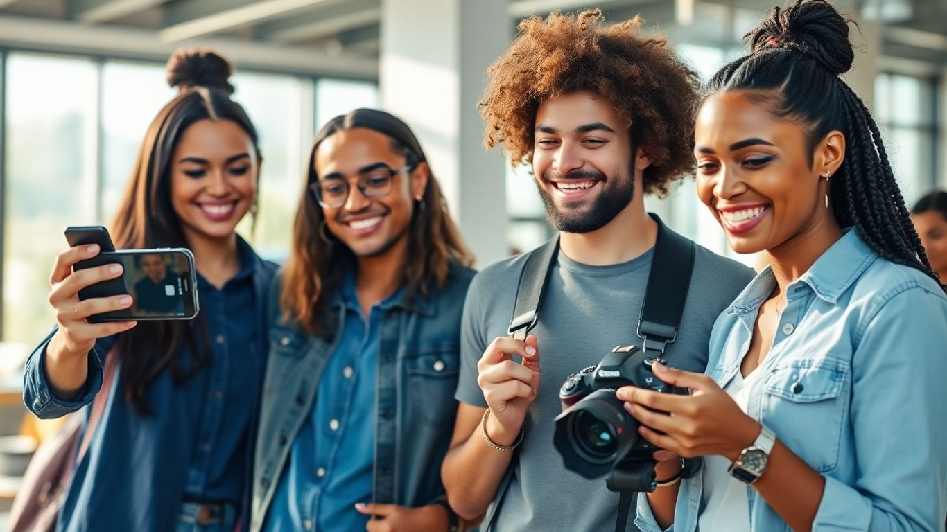 Influencers creating content with phones and cameras. Influencers creating content with phones and cameras.