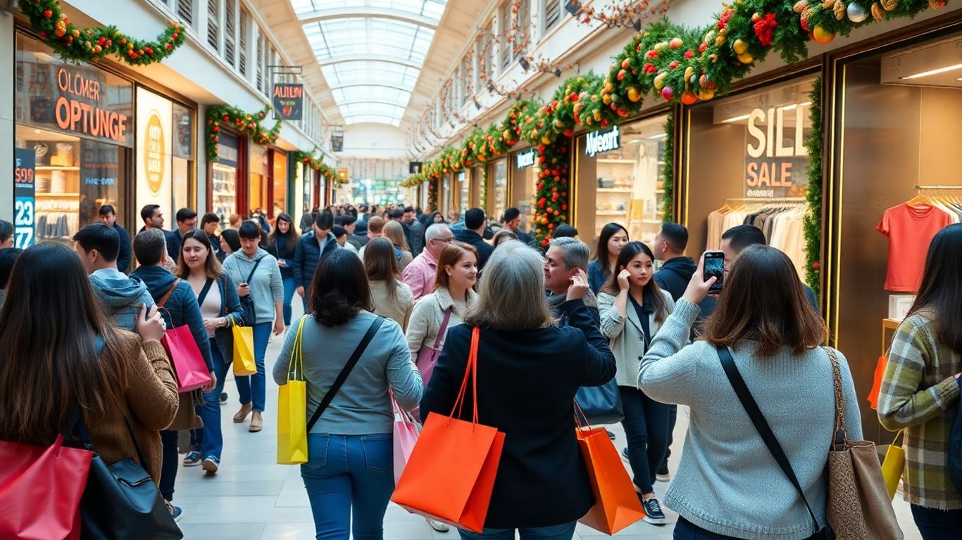 Shoppers and influencers at an autumn-themed shopping mall. Shoppers and influencers at an autumn-themed shopping mall.