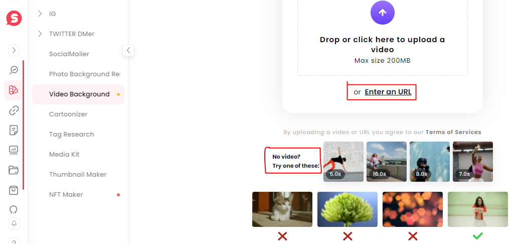 Drop your video file or click to upload it. Or you can enter an URL of the video. 