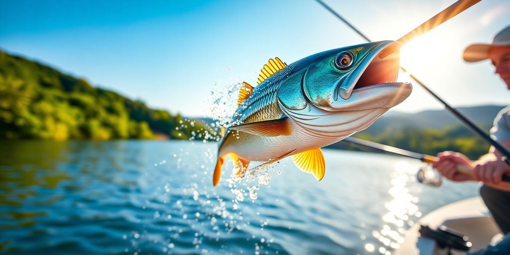 Angler with a large fish on a fishing rod Angler with a large fish on a fishing rod