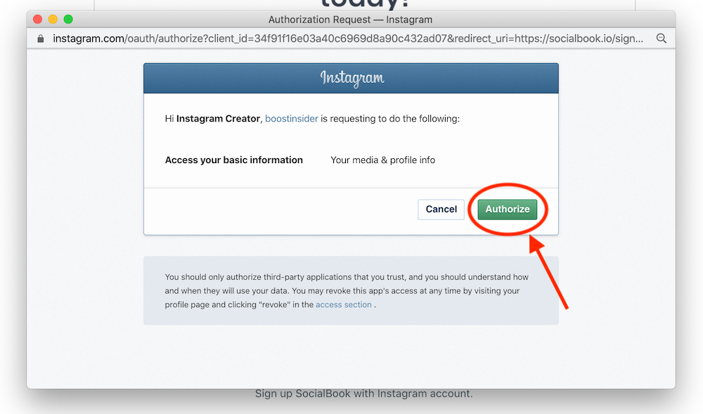 Click "Authorize" to connect your Instagram account with SocialBook.