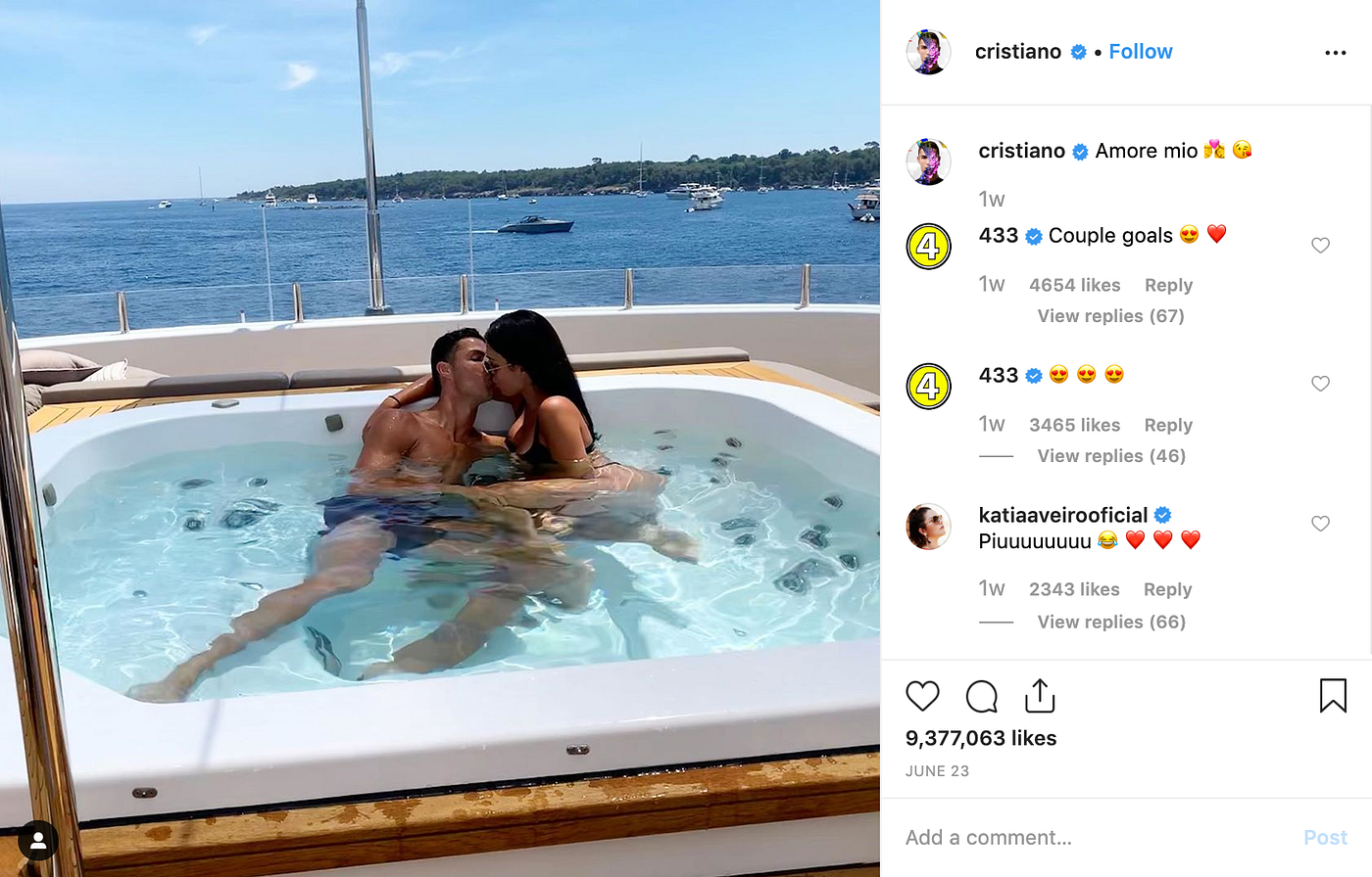 Cristiano Ronaldo's "Amore mio" Instagram post also got over 9 million likes.