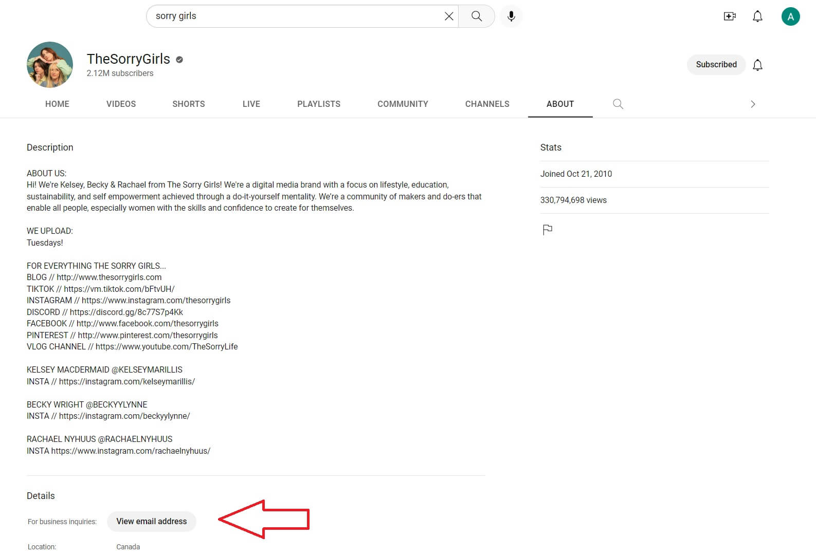 Click to view a YouTuber's business email.