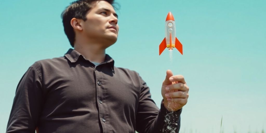 Person launching a rocket to the sky