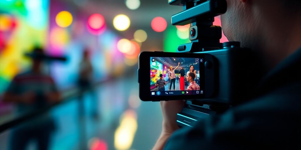 A person filming a vibrant, dynamic Instagram Reel. A person filming a vibrant, dynamic Instagram Reel.