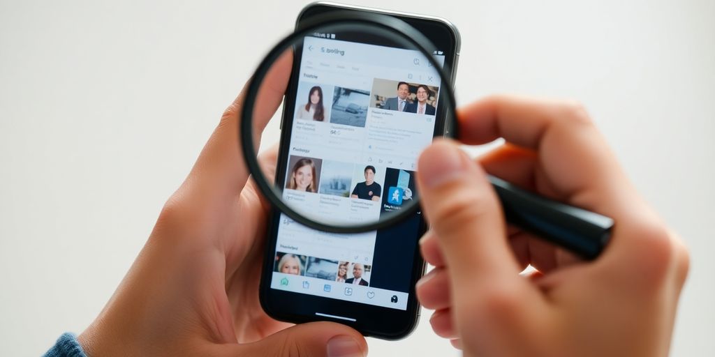 Magnifying glass over phone with social media profiles.