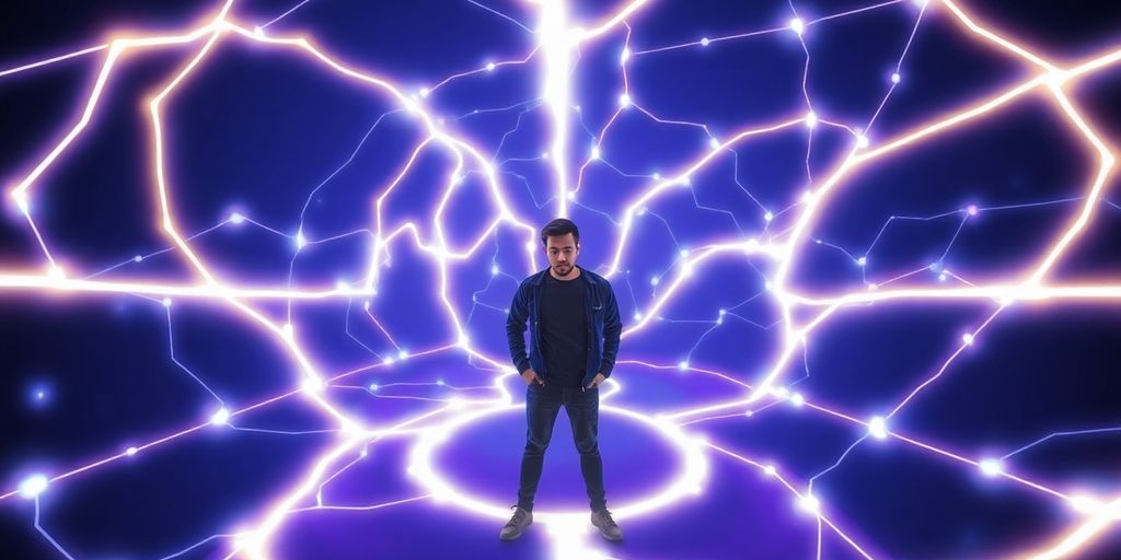 A person lost in a complex digital maze. A person lost in a complex digital maze.