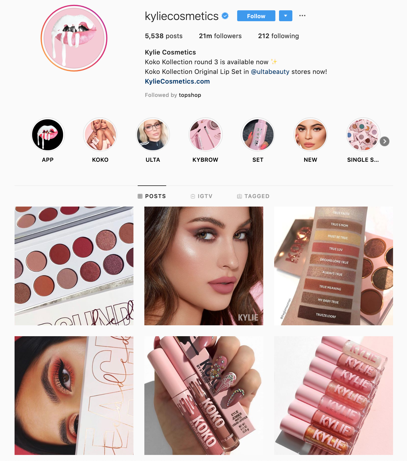 Kylie Cosmetics Instagram Account has over 21 million followers.