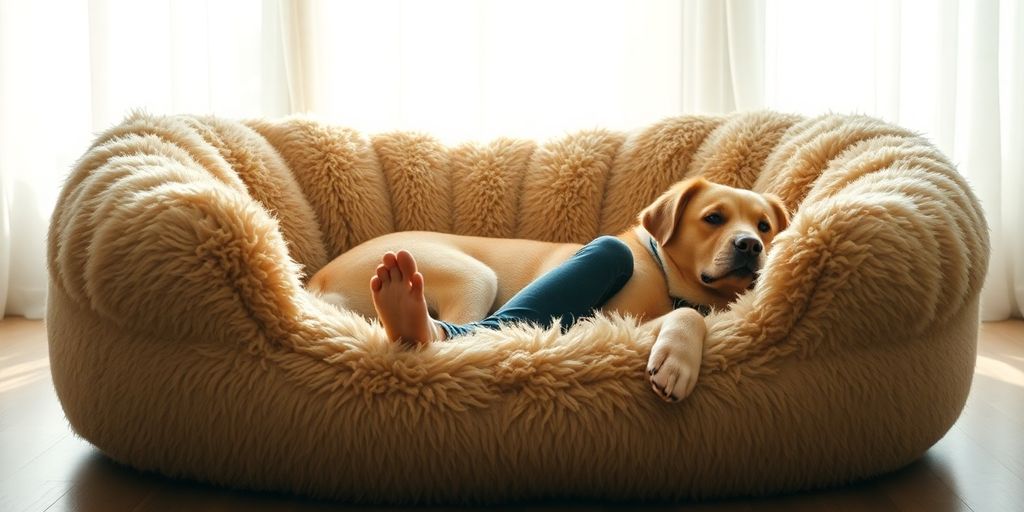 Giant dog bed with a person relaxing comfortably inside. Giant dog bed with a person relaxing comfortably inside.