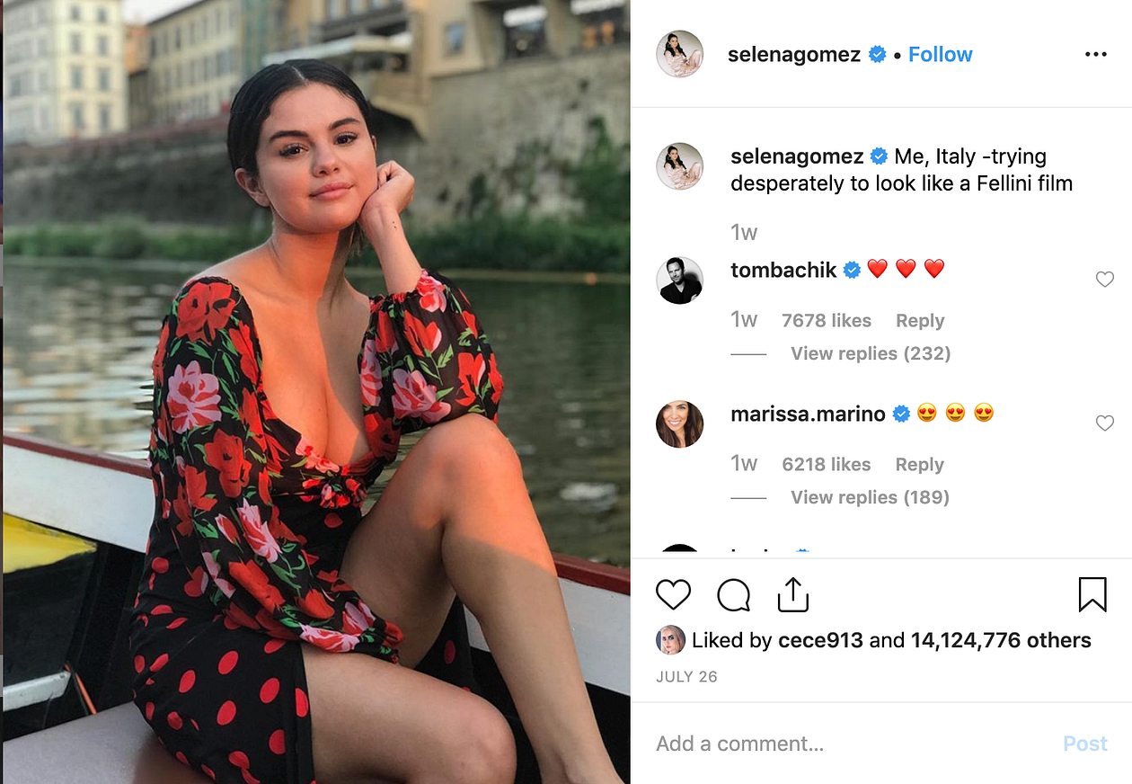 Selena Gomez's Instagram post got the most likes in 2019 July.
