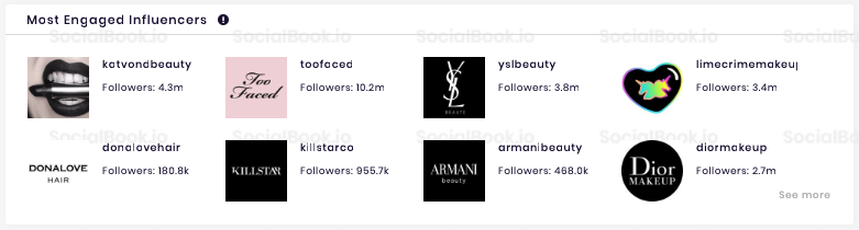 SocialBook influencer profile lists the "Most Engaged Influencers" of that channel.