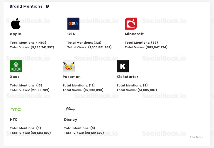 SocialBook lists out all the brands an influencer has been collaborating with.