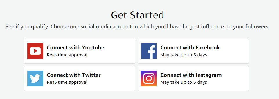 Get started with Amazon influencer program by connecting social media accounts.