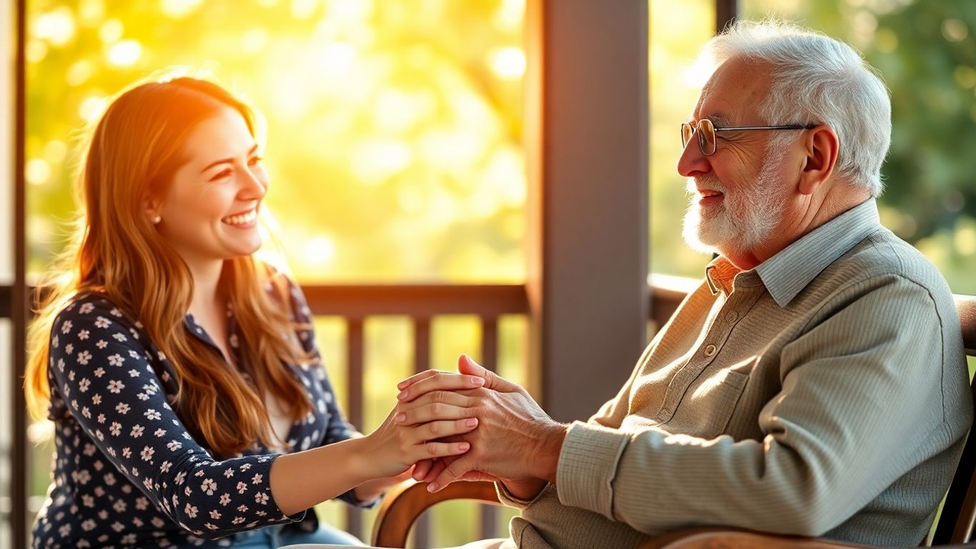 Young woman and elderly man holding hands, smiling. Young woman and elderly man holding hands, smiling.