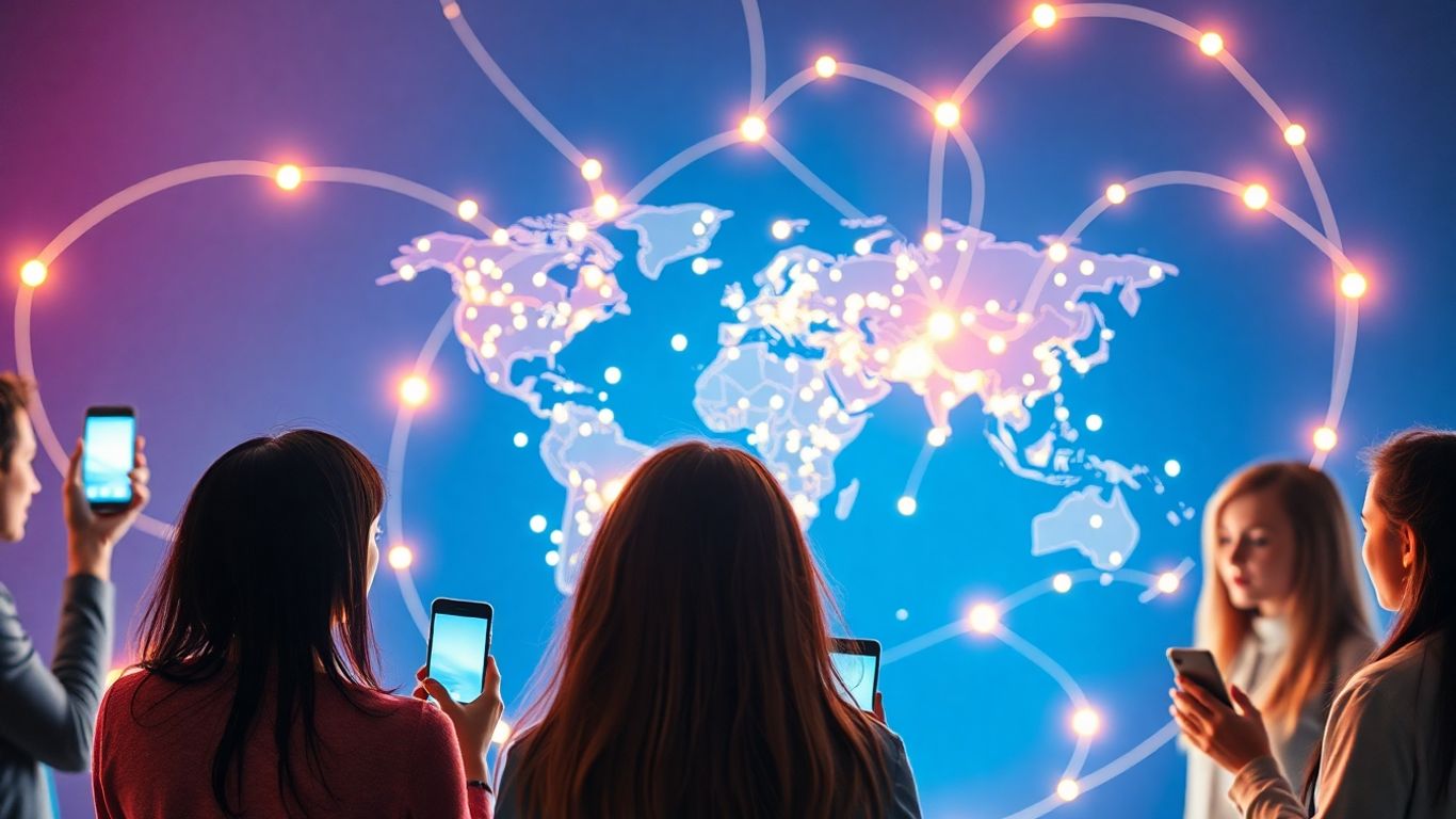 Global influencer marketing success with connected people and world map.