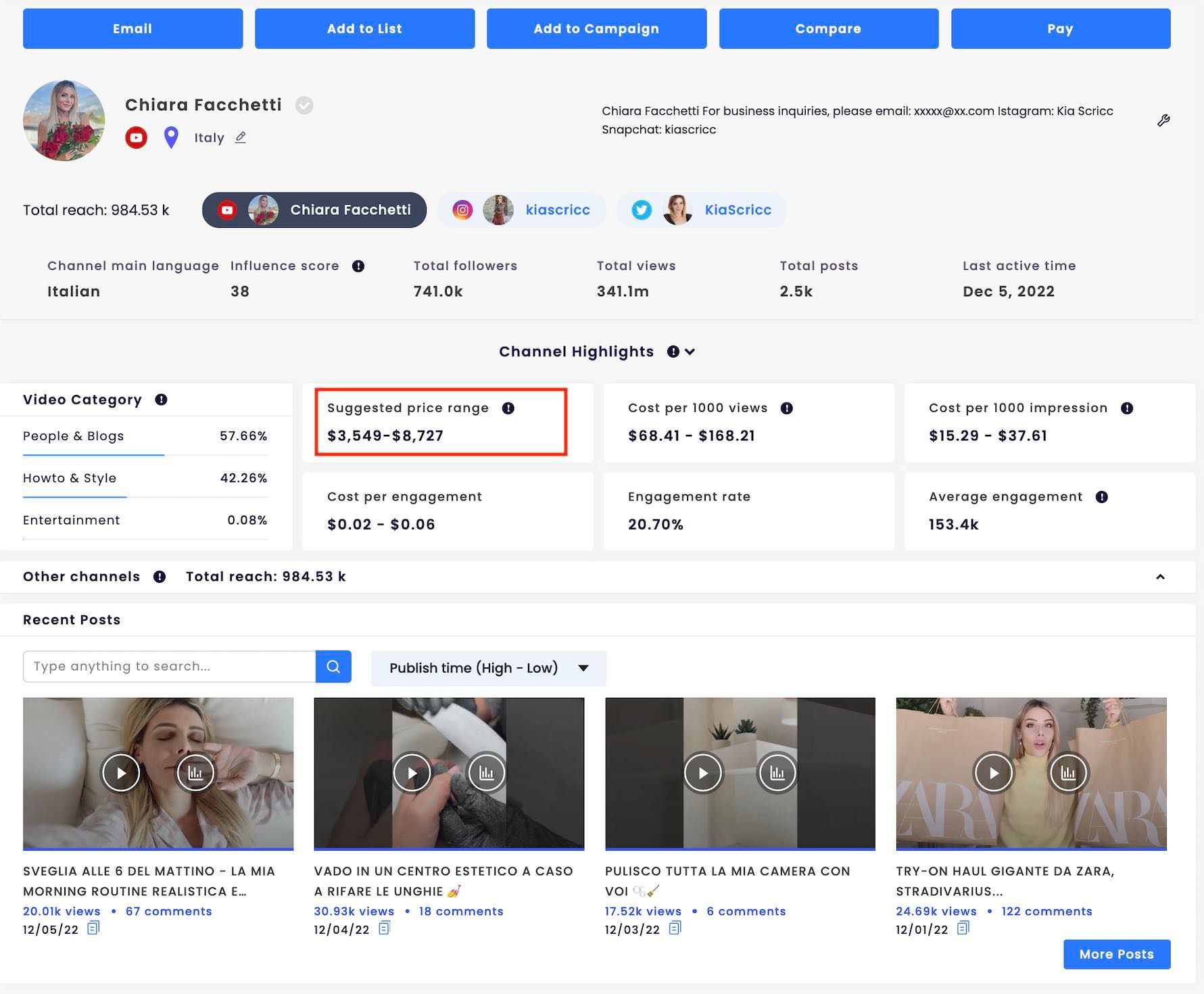 SocialBook provides an in-depth influencer profile with full stats. 