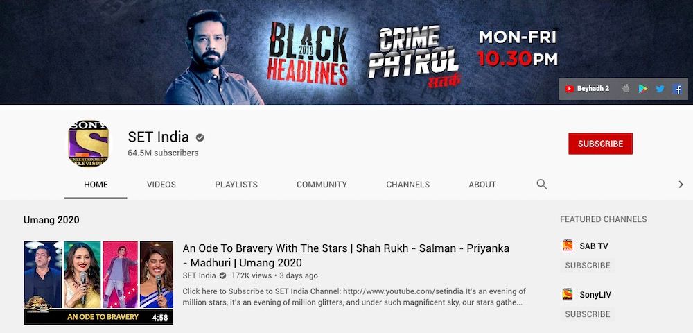 SET India has over 64.5 million subscribers and is the 4th largest YouTube channel.