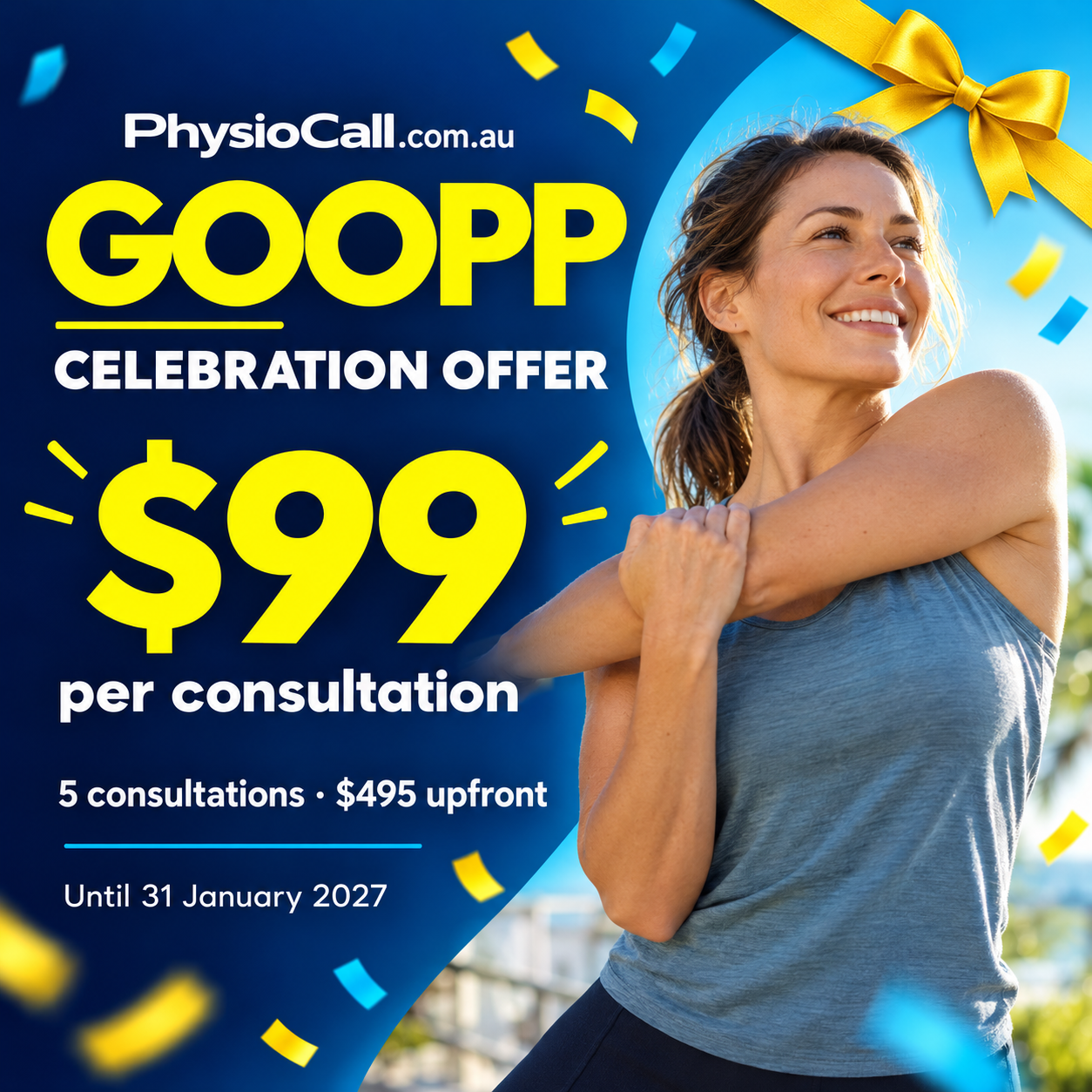 PhysioCall GOOPP celebration offer — $99 per consultation, five consultations for $495 upfront