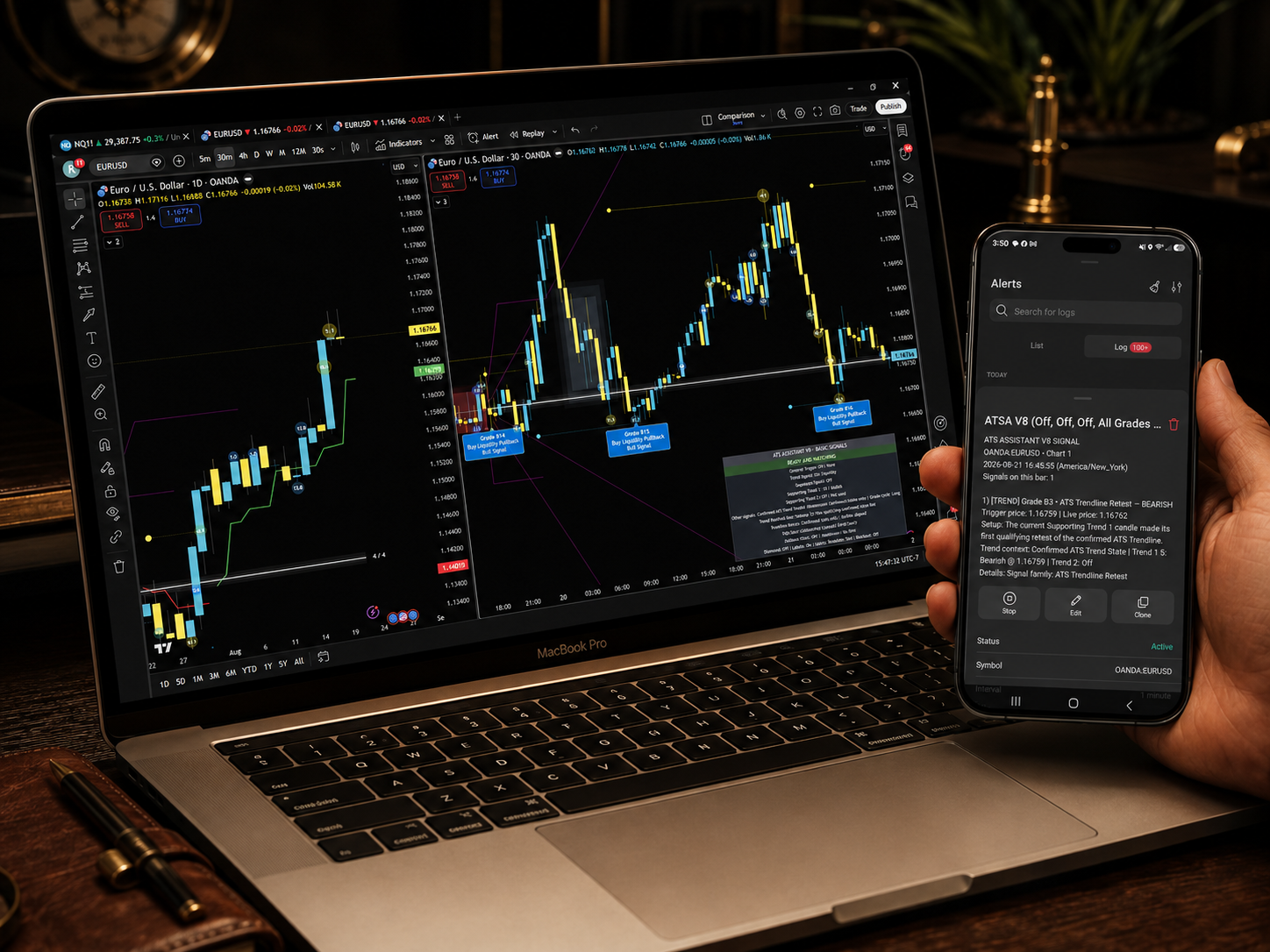 ATS Assistant sending graded signal alerts to a phone alongside ATS software on a MacBook