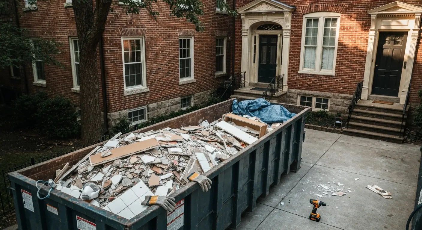 Kitchen remodel debris in dumpster