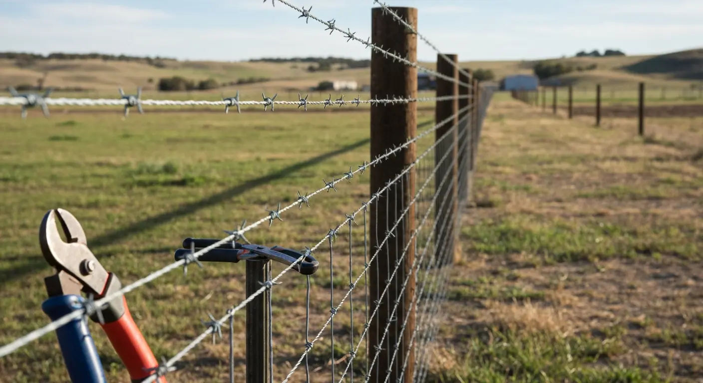 Barbed wire fence installation