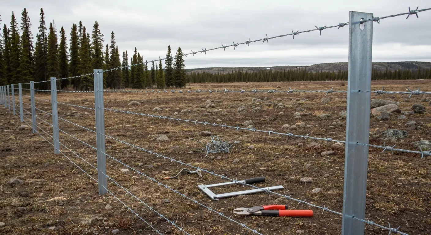 Barbed wire fence installation