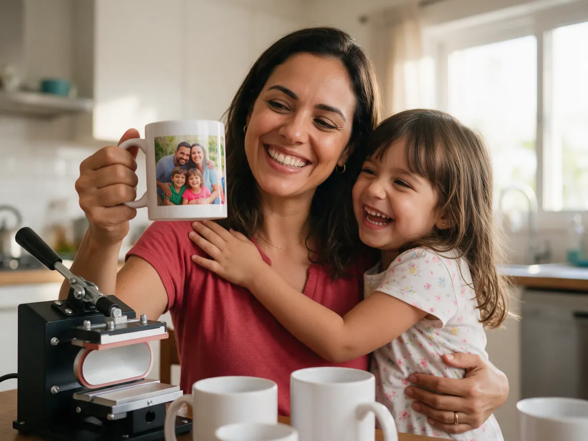 Imagem ilustrativa: mãe e filha comemorando uma caneca estampada com foto da família, com a prensa de caneca na mesa