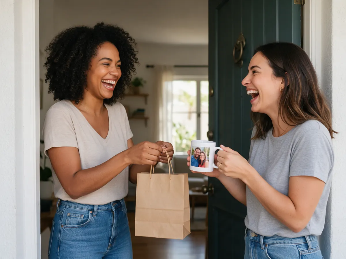 Imagem ilustrativa: cliente recebendo uma caneca personalizada com foto