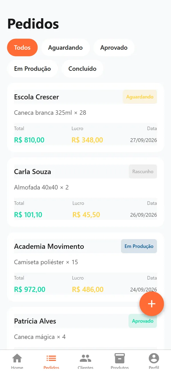 Tela do aplicativo Ardaggio Flow: lista de pedidos com status
